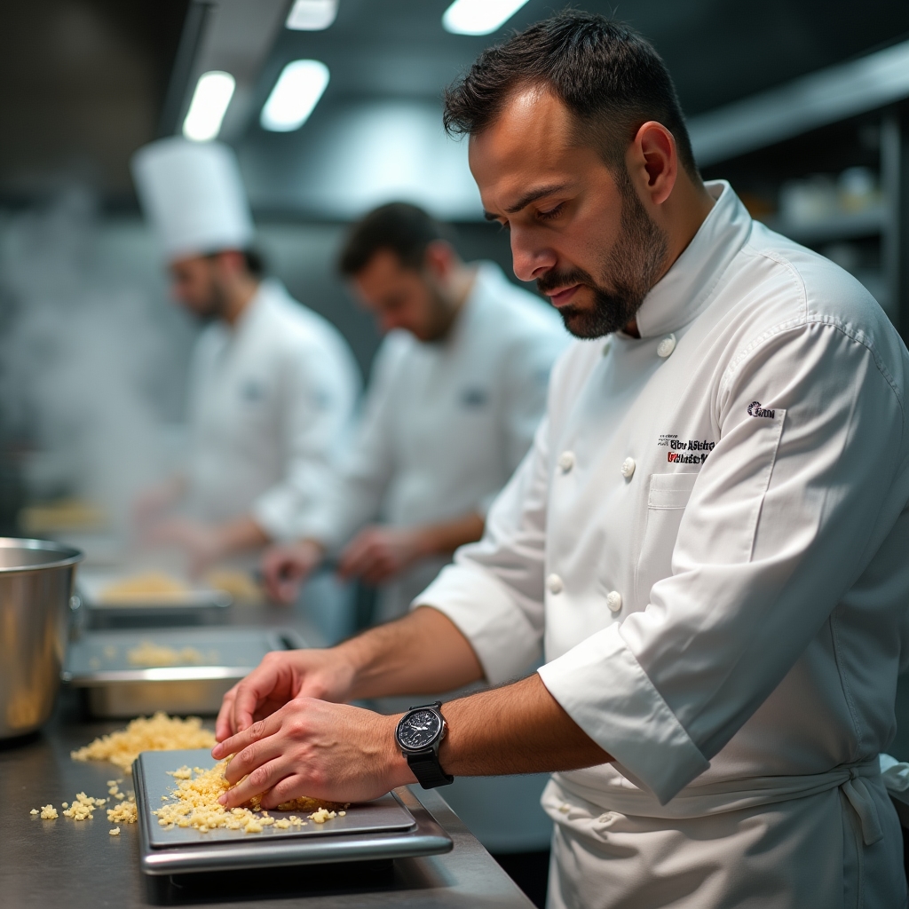 Chef relevando procesos de producción en una cocina profesional