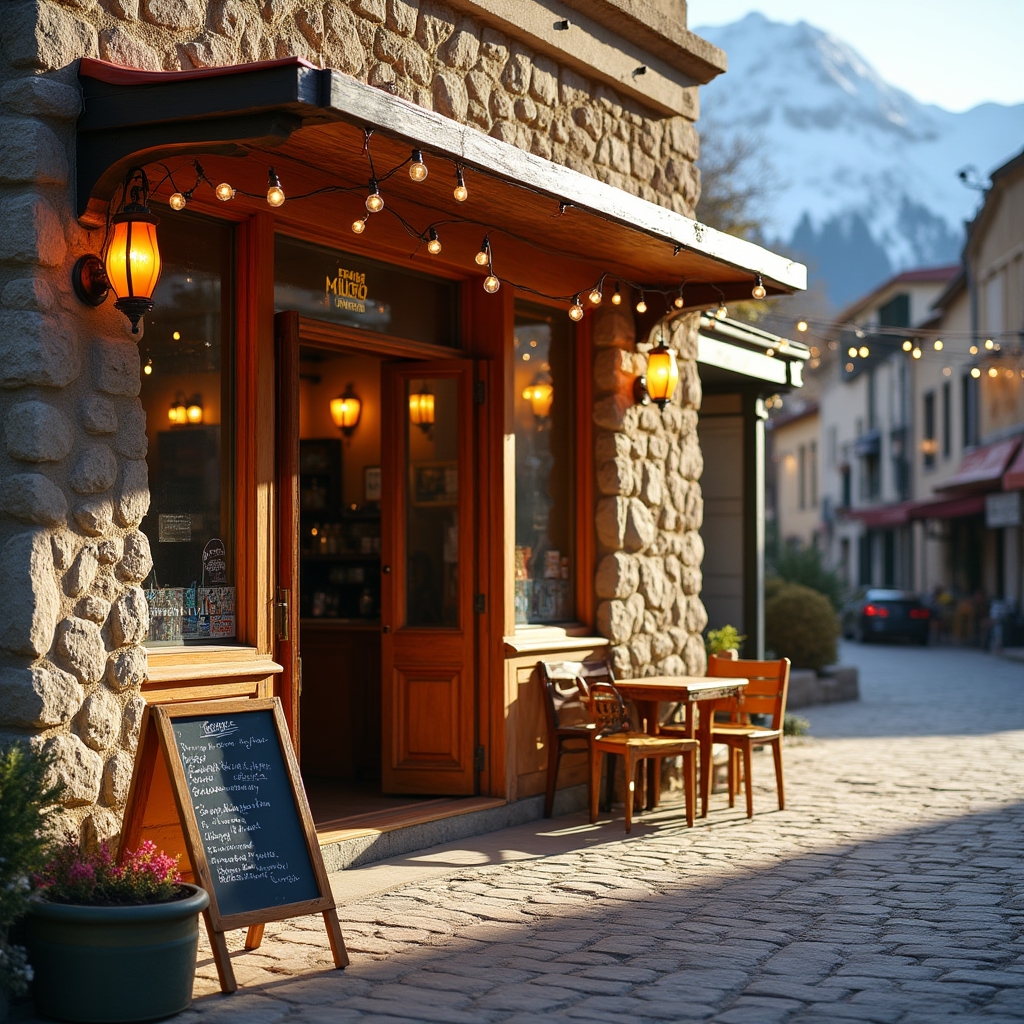 Fachada de un restaurante en San Carlos de Bariloche al atardecer